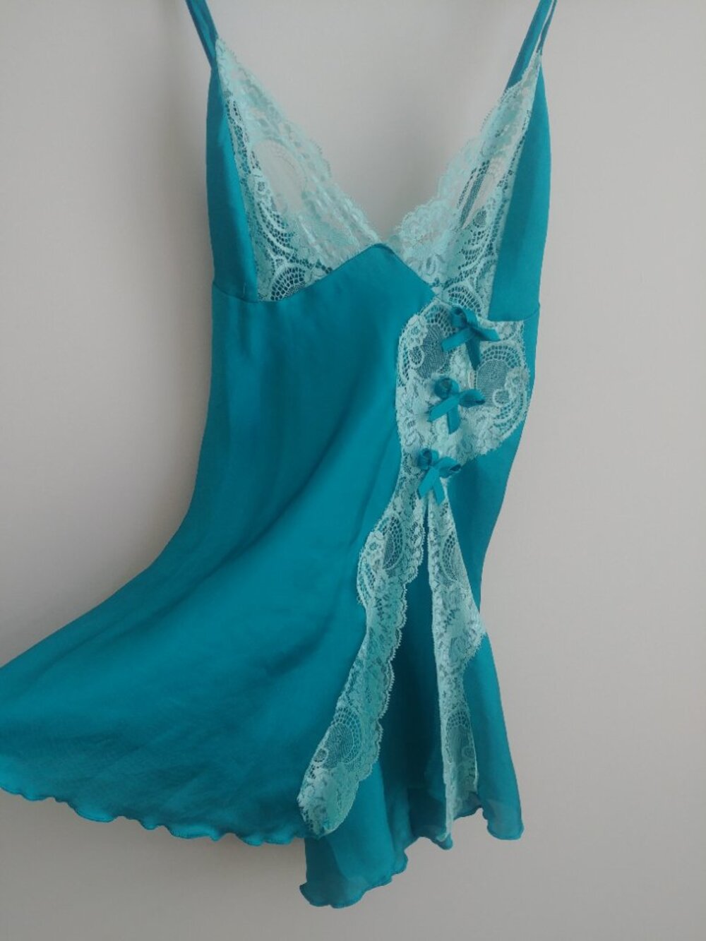 Shirley of Hollywood Large teddy Y2k vibe blue silky satin with bows lace